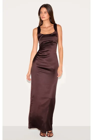 Chocolate Satin Scoop Neck Maxi Dress