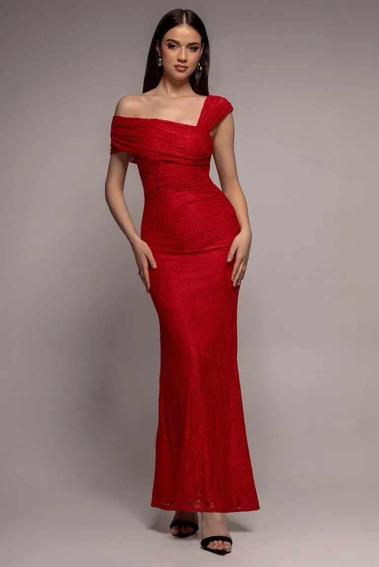 One Shoulder Pleated Bardot Lace Maxi Dress - Red by Goddiva Goddiva Red :  Premium Dresses : VogaCloset Oman