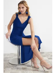Sax Draped Knitted Elegant Evening Dress - 7