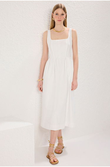 Ecru Waist Opening Corset with Seam Detail Lined Midi Woven Dress
