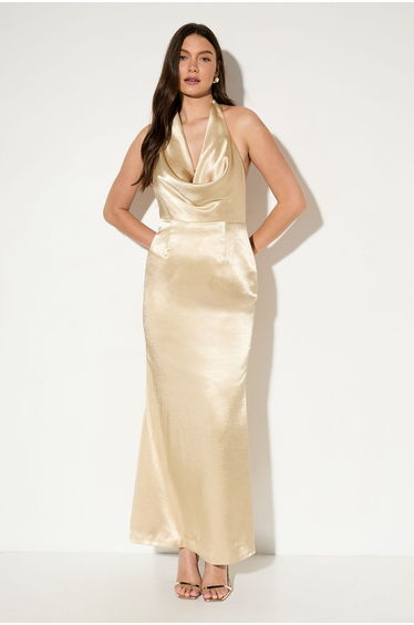 Premium Plunge Cowl Open Back Satin Maxi Bridesmaid Dress
