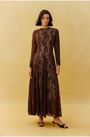 Little Secret Brown Floral Lace Embellished Long Sleeve Maxi Dress