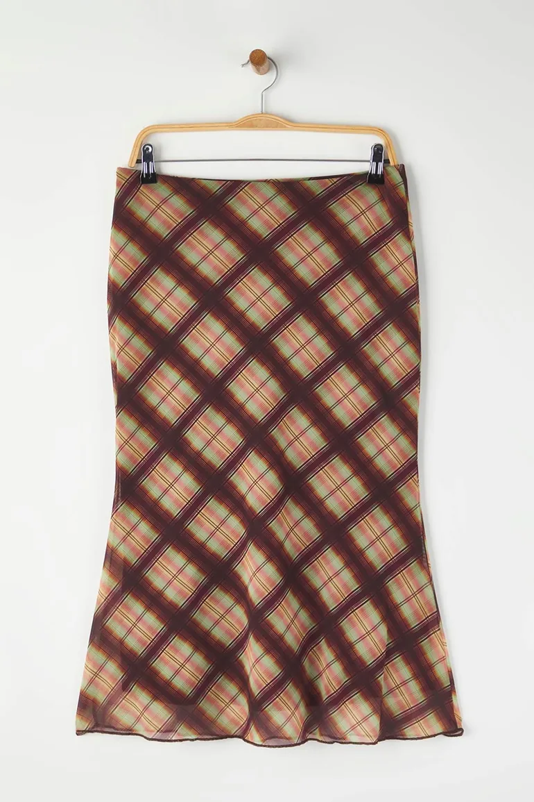 Teen Brown Plaid Printed Fish Shape Tulle Flexible Knit Skirt
