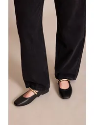 Black Soft PU Gold Strap Square Toe Ballet Flats