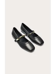 Black Soft PU Gold Strap Square Toe Ballet Flats - 2