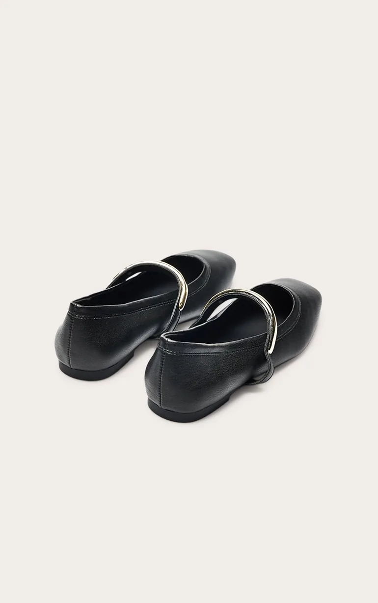 Black Soft PU Gold Strap Square Toe Ballet Flats - 3