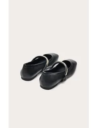 Black Soft PU Gold Strap Square Toe Ballet Flats - 3