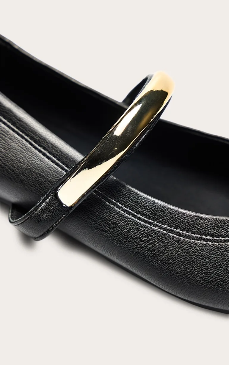 Black Soft PU Gold Strap Square Toe Ballet Flats - 4