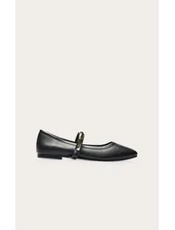 Black Soft PU Gold Strap Square Toe Ballet Flats - 1