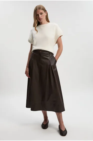 Faux Leather Tailored Full Midi Skirt