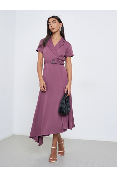 Purple Notch Lapel Midi Dress with Belt
