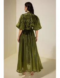 Frill Puff Sleeve Round Neck Midi Dress - 1