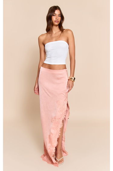 Blush Satin Lace Side Split Maxi Skirt