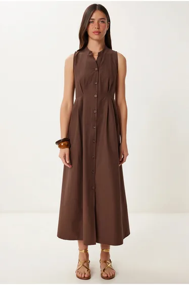 ISTANBUL Mandarin Collar Sleeveless A-Line Midi Dress