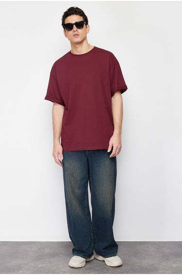 Claret Red Men's Oversize/Wide Cut Basic 100% Cotton T-Shirt