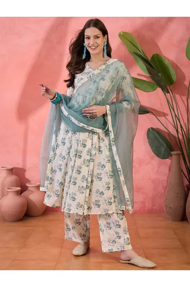 Floral Printed V-Neck Pure Cotton Kurta with Trousers and Dupatta Co-Ords