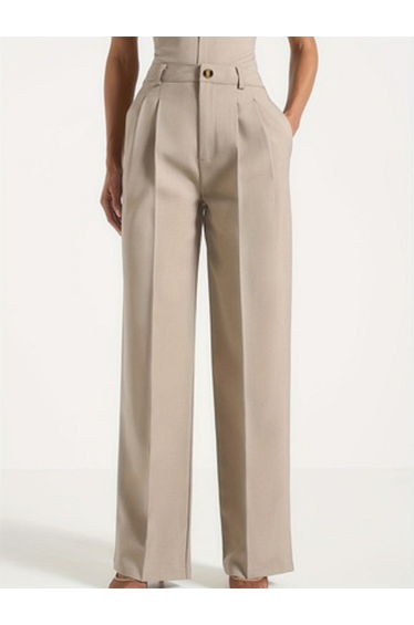 Beige High-Rise Straight Leg Trousers