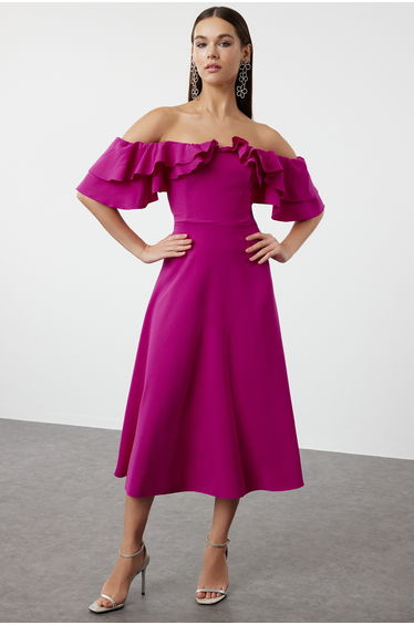Fuchsia A-Line Woven Carmen Collar Elegant Evening Dress