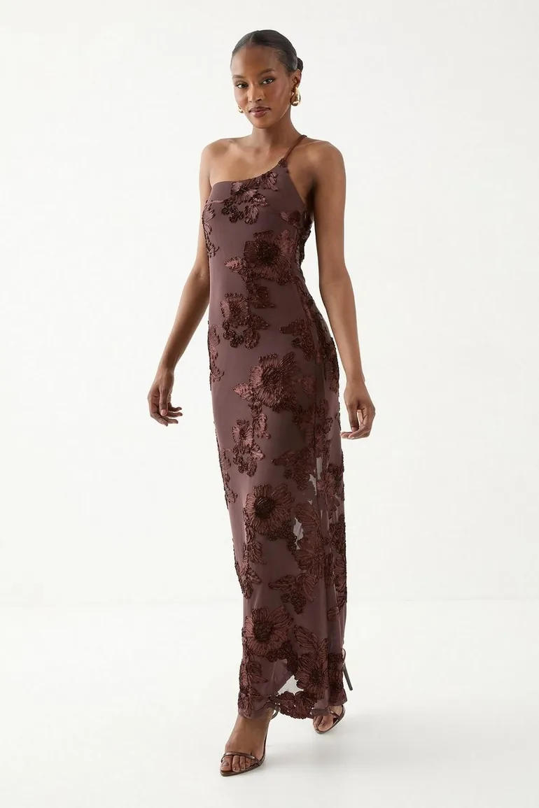 Asymmetric Neckline Floral Textured Maxi Dress