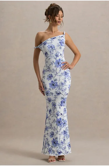 Lita | Blue Floral Twisted Asymmetric Floor Dress