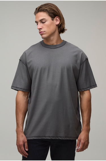 Charcoal Oversized Kyoto Print Exposed Seam T-Shirt - charcoal