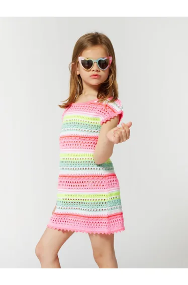 Girls Striped Crochet Dress in Multicolour