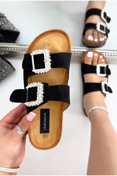 Sparkly Dream Double Buckle Sliders Black