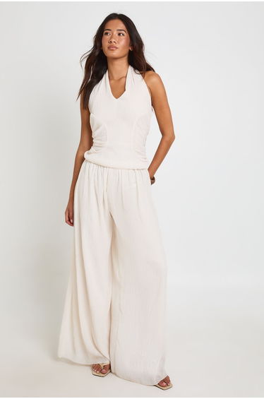 Textured Pleated Halter Ruched Top - ivory