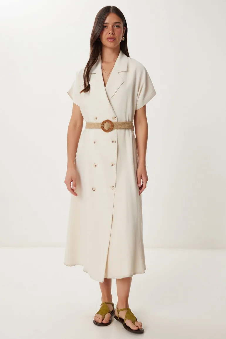 Women's Cream Straw Belted Linen Shirt Dress Happiness Stanbul Cream : Day  Dresses : VogaCloset Oman