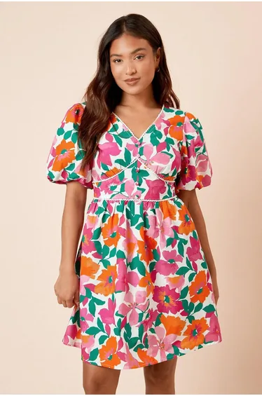 Petite Floral Trim Detail Puff Sleeve Mini Dress