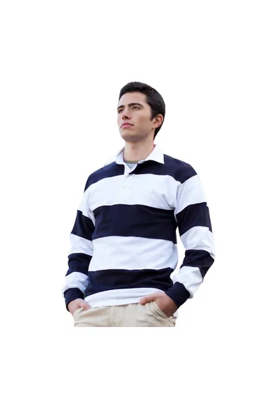 Front Row Mens Stripe Sewn Rugby Polo Shirt - White/Navy