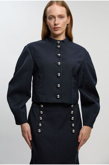 Tailored Pinstripe High Neck Jacket