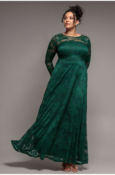 Goddiva Plus Scalloped Lace A-Line Maxi Dress - Emerald Green