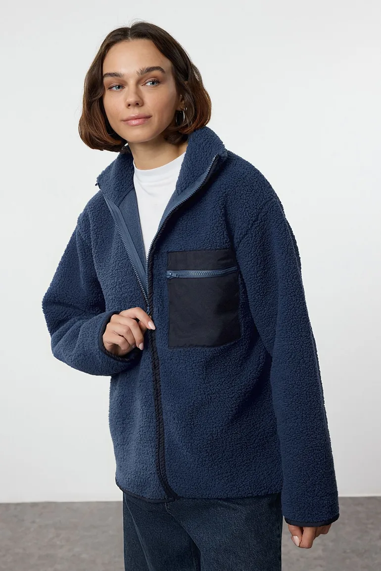 Winter Essentials Indigo Thick Fleece Zippered Stand-Up Collar Pocket Knitted Sweatshirt