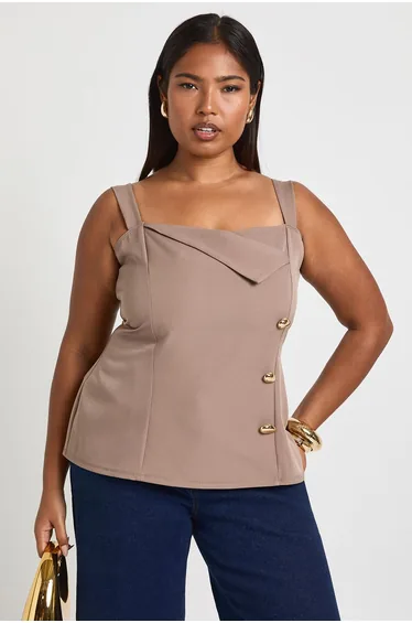 Plus Gold Trim Fold Over Neckline Top - taupe
