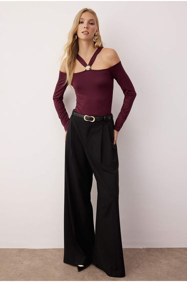 Open Shoulder Snap-Front Flexible Knitted Bodysuit with Plum Accessory Detail