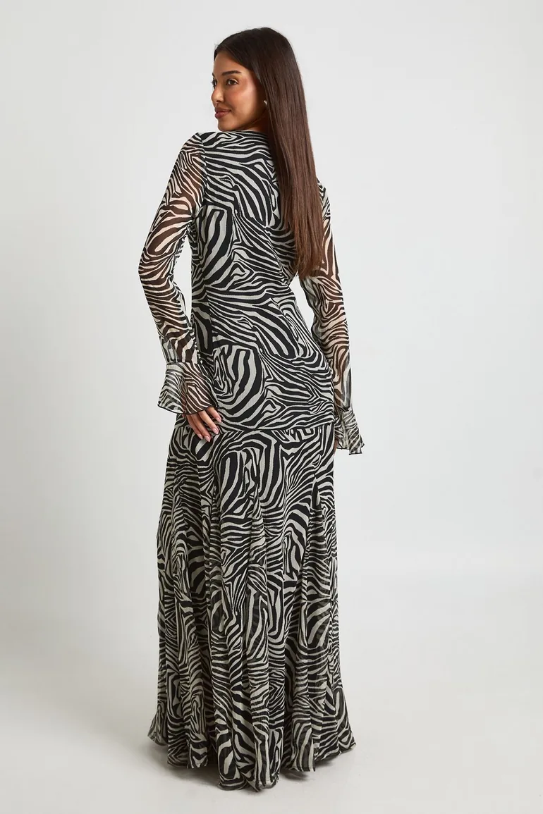 Chiffon Ruffle Zebra Fit & Flare Maxi Dress - black - 1