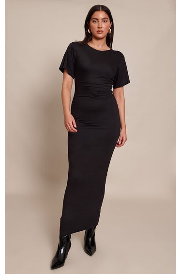 Black Boat Neck Jersey Short Sleeve Maxi Dress