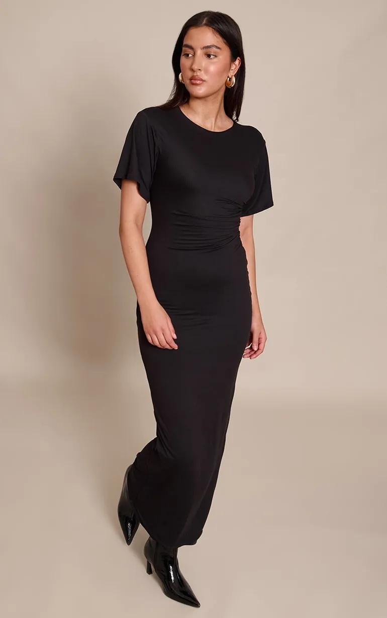 jersey short sleeve maxi dress Roaman's Women's Plus Size Stretch Knit High Low Short Sleeve Maxi Dress, Size: 26/28, Black