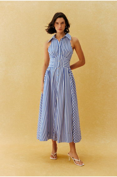 Favourite Girl Blue Striped Collar Sleeveless Maxi Dress