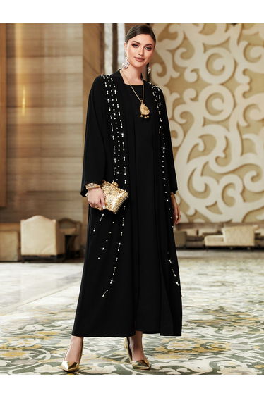 Women Black Rhinestone Embellished Long Sleeve Abaya