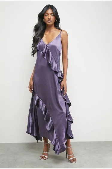(S) Metallic Satin Ruffle High Apex Midi Slip Dress