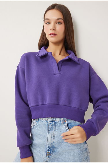 Women's Purple Polo Collar Raised Crop Knitted Sweatshirt