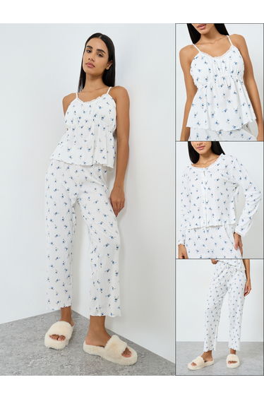 Pack of 3 - Ditsy Floral Ruched Front Lace Detail Cami, Shirt and Pyjama Set