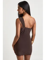 Slinky Gold Trim Detail one Shoulder Dress - chocolate - 2