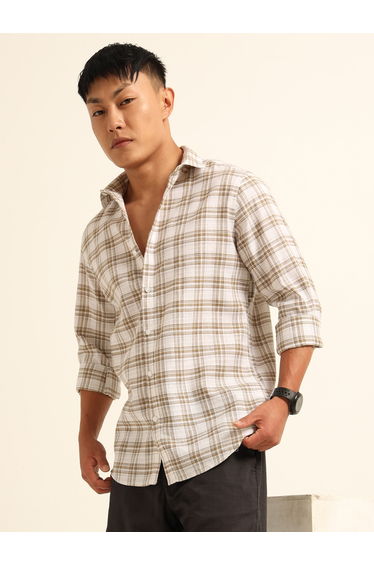 Men Beige Checked Spread Collar Shirt