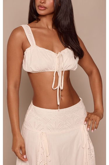 Petite Cream Lace Hem Tie Front Linen Bralette Top Co-ord product thumbnail 4