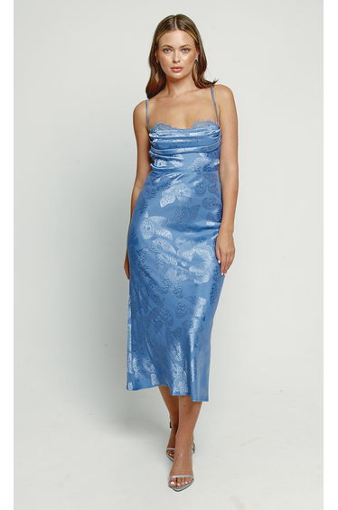 Blue Satin Jacquard Butterfly Maxi Dress