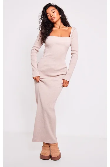 فستان ماكسي مضلع بياقة مربعة لون بيج