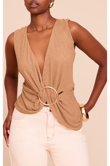 Mushroom Ribbed Onion Skin Trim Detail Plunge Top